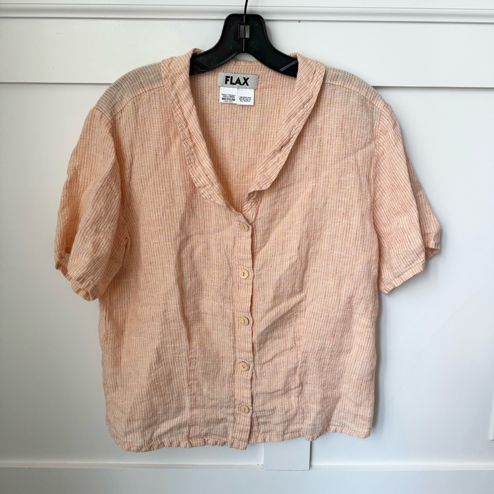 FLAX Linen Shirt Medium Womens Short Sleeve Boxy Oversize Button Up Orange Boho